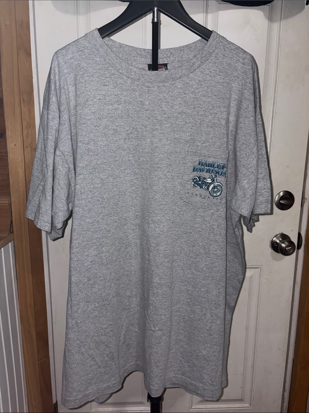 Vintage Y2K Harley Davidson Gray Pocket Graphic Tee Saginaw Valley Bay City MI